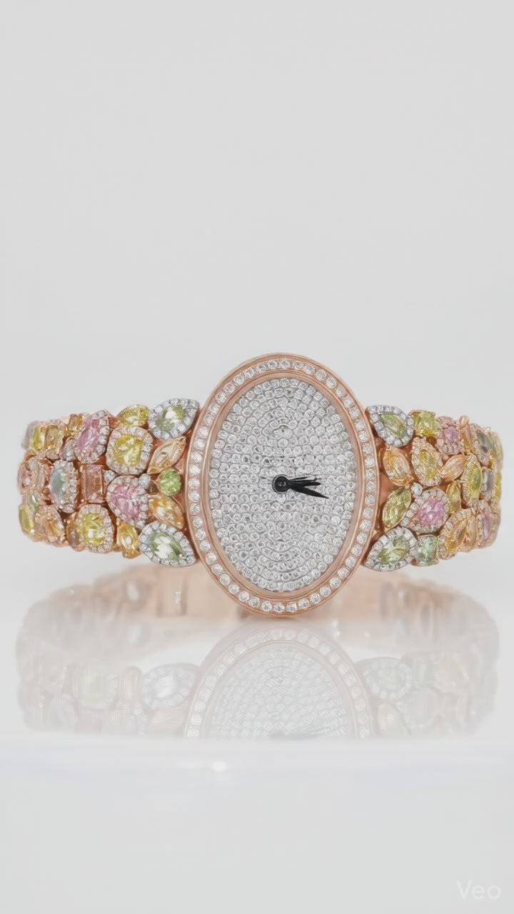 Luxury Oval Diamond Watch with Multicolor Fancy Sapphire & Diamond Bracelet in 10K, 14K & 18K Gold